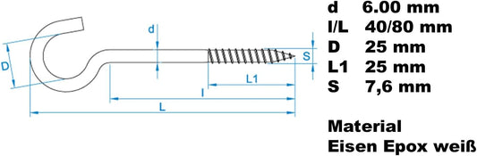 Design61 Gebogene Schraubhaken Wandhaken Weiß mit Holzgewinde Einschraubhaken für Wand Decke Haken zur Befestigung von Seilen Ketten Pflanzen Lampen (80 x 6 mm, 10, stück)