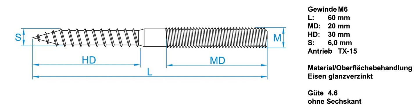 Design61 10x Stockschraube M6 x 60 mm Doppelgewindeschraube Schraubstifte mit Holzgewinde & Metrischem Gewinde TX15 Stahl Verzinkt Verbindungsschraube für Holz Metall Dübelmontage
