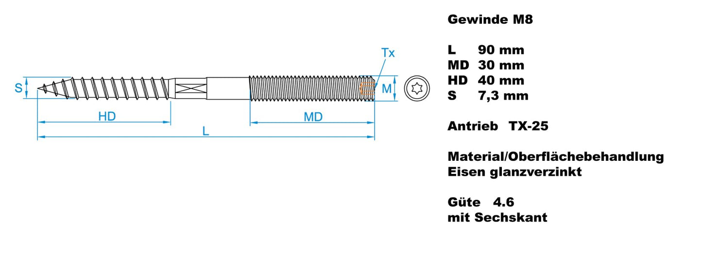Design61 Stockschraube mit Sechskant Doppelgewindeschraube Schraubstifte mit Holzgewinde & Metrischem Gewinde TX25 Verbindungsschraube (M8 x 90 mm, 10, stück)