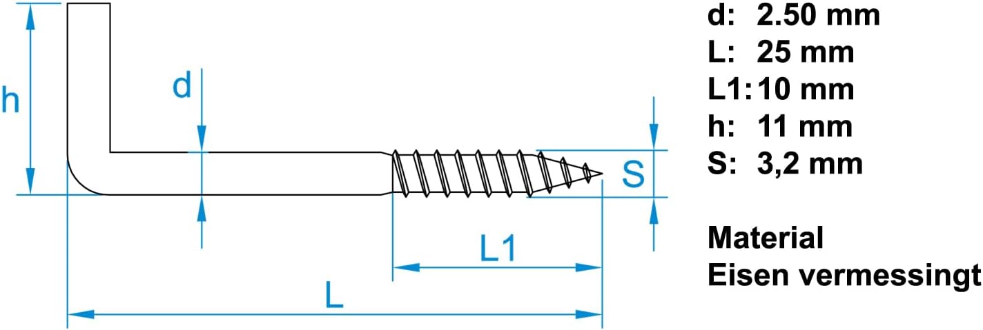 Design61 Schlitzhaken Gerade Schraubhaken Konsolhaken Stahlhaken Wandhaken mit Gewinde Einschraubhaken für Wand & Decke Haken zur Befestigung von Ketten Lampen Vermessingt (2,5 x 25 mm, 10, stück)