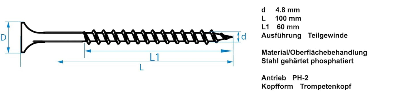 Design61 Schnellbauschrauben Grobgewinde Trockenbauschrauben Gipskartonschraube Rigipsschrauben Trockenwandschrauben Stahl Gehärtet Phosphatiert Schwarz (4,8 x 100/60 mm, 250, stück)