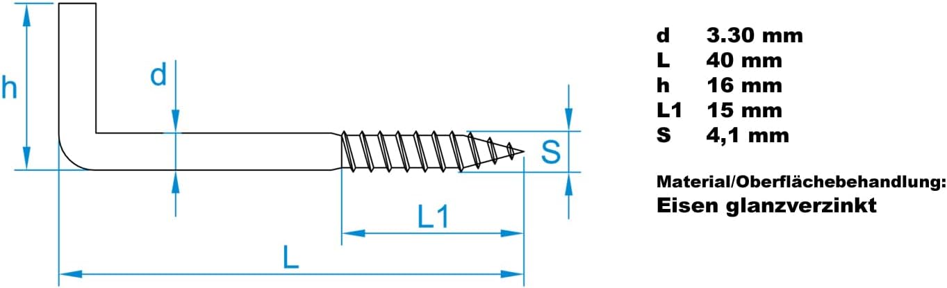 Design61 10x Gerade Schraubhaken Konsolhaken Stahlhaken Wandhaken mit Gewinde Einschraubhaken für Wand Decke Haken zur Befestigung von Seilen Pflanzen Lampen (40 x 3,3 mm/Gewinde 15mm, 10, stück)