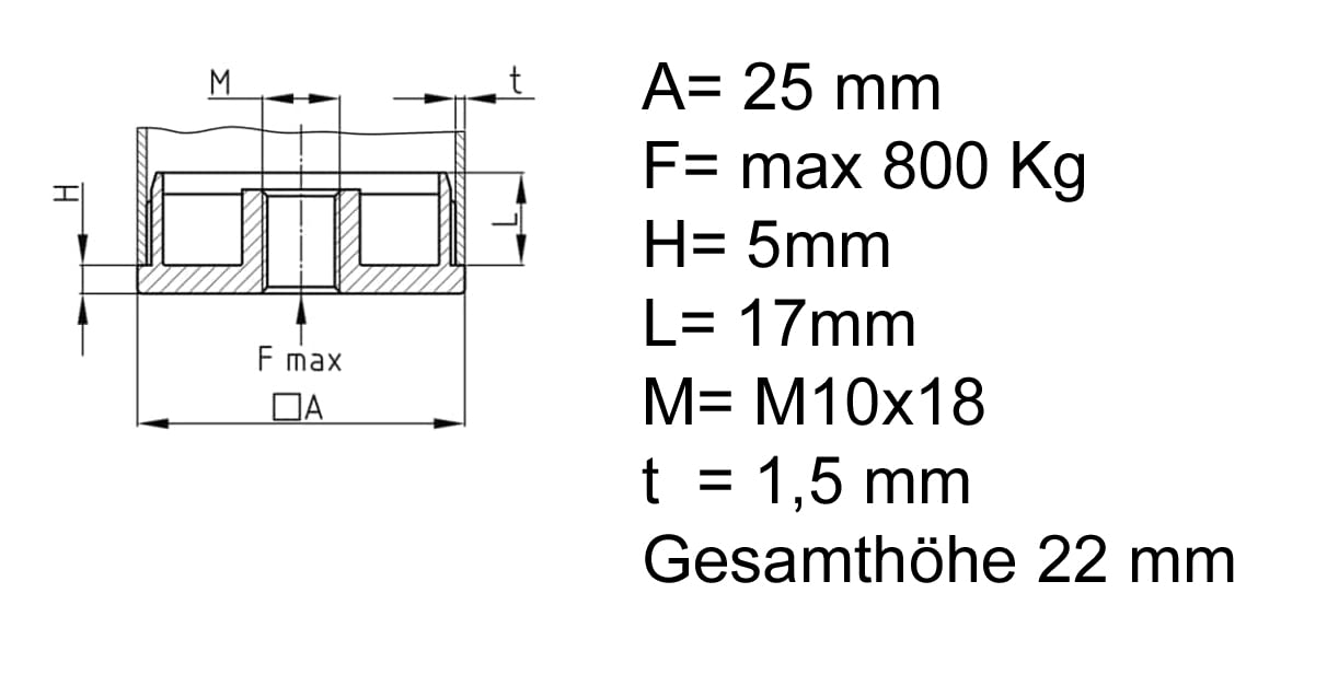 Design61 4x Gewindestopfen Justierstopfen für Quadratrohre aus Zink-Druckguss 25x25 mm x 1,5 mm mit M10 Innengewinde