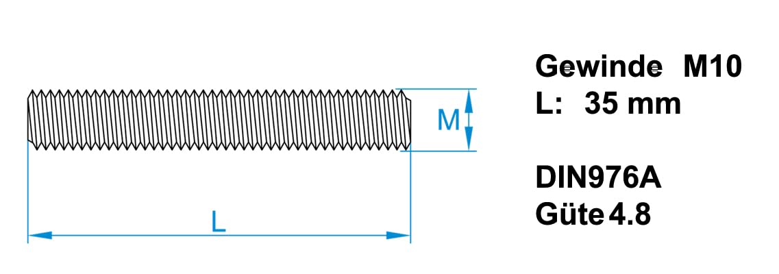 Design61 10er Gewindestange DIN 976-A Vollgewinde Gewindestift Gewindestab Metrisches Gewinde Verzinkt Gewindebolzen für Möbelbau Bauarbeiten Handwerk Metall Holz (M10 x 35 mm, 10, Stück)
