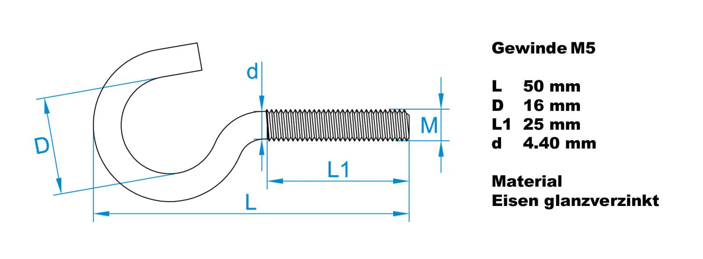 Design61 10x Gebogene Schraubhaken M5 x 50 mm Wandhaken mit Gewinde Einschraubhaken Haken zum Einschrauben Verzinkt für Wand & Decke zur Befestigung von Seilen Ketten Pflanzen Lampen