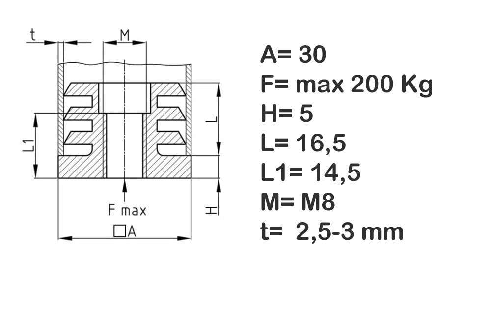 Design61 8x Gewindestopfen Justierstopfen Fußkappen Einsteckbuchse für Quadratrohre 30x30 mm mit M8 Innengewinde Traglast bis 200Kg für Wandstärke 2,5-3 mm