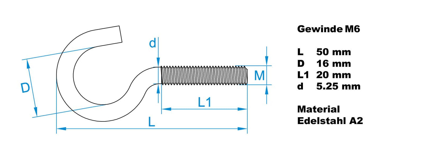 Design61 10x Gebogene Edelstahl Schraubhaken M6 x 50 mm Wandhaken mit Gewinde Einschraubhaken Haken zum Einschrauben für Wand & Decke zur Befestigung von Seilen Ketten Pflanzen Lampen