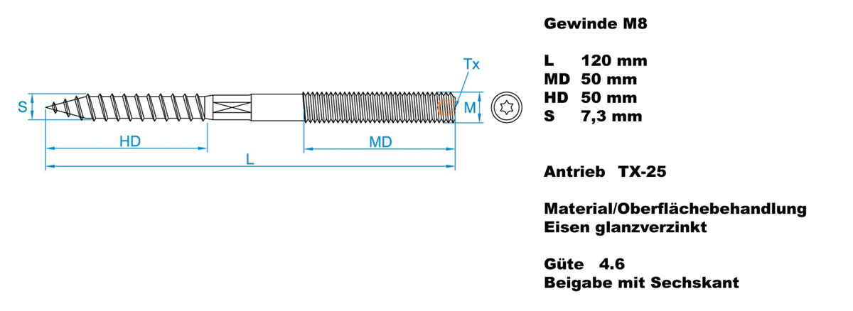Stockschraube mit Sechskant Doppelgewindeschraube Schraubstifte mit Holzgewinde & Metrischem Gewinde TX25 Verbindungsschraube (M8 x 120 mm, 10, stück)
