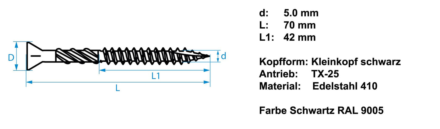 Design61 Terrassenschrauben Edelstahl TX25 Edelstahlschrauben Holz Dielenschraube Rostfrei mit Cutspitze Reibteil Fräsrippen Ideal für Terrassendielen & Außenbau (5 x 70 mm Schwarz, 200, stück)