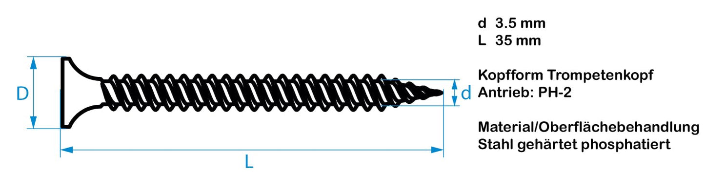 Design61 200x Schnellbauschrauben 3,5 x 35 mm Rigipsschrauben Feingewinde Trompetenkopf PH-2 Kreuzschlitz Gehärteter Stahl Phosphatiert Schwarz Gipskartonschraube Gipsplattenschrauben