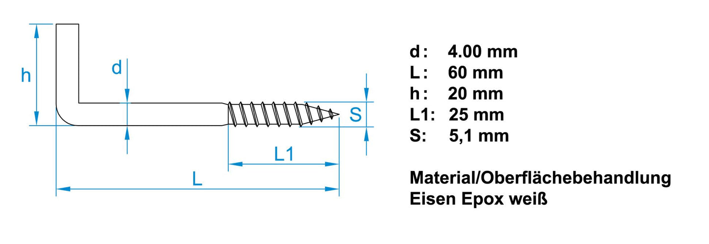 Design61 Schraubhaken Weiß Gerade Hakenschraube Wandhaken Drehhaken mit Gewinde Haken zum Einschrauben für Wand & Decke Verzinkt Befestigung für Seile Ketten Lampen Pflanzen (60 x 4 mm, 10, stück)