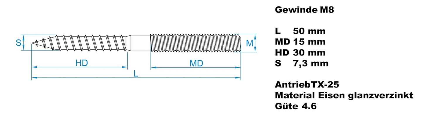 Design61 10x Stockschraube M8 x 50 mm Doppelgewindeschraube Schraubstifte mit Holzgewinde & Metrischem Gewinde TX25 Stahl Verzinkt Verbindungsschraube für Holz Metall Dübelmontage