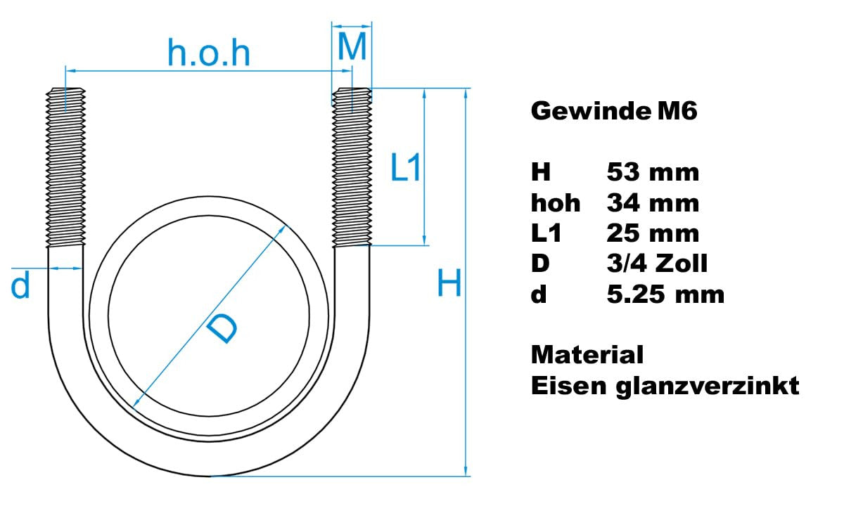Design61 Bügelschraube Rundstahlbügel Innen Durchmesser Gewindebügel U-Bolzen Rundrohrschelle für Rohrbefestigung Metallbau KFZ Industrie Boot Werkstatt Bau