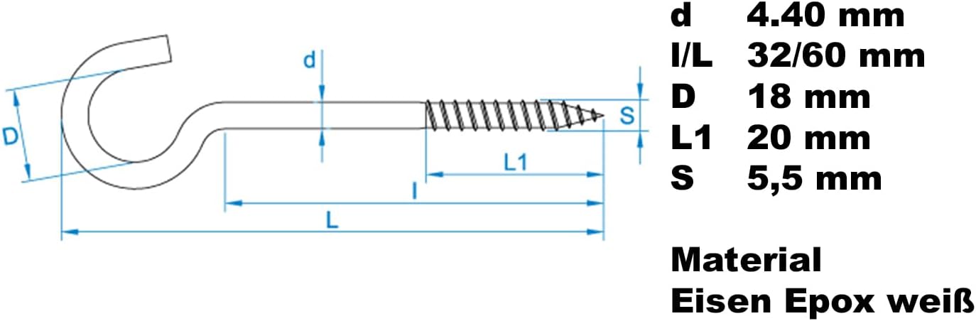Design61 Gebogene Schraubhaken Wandhaken Weiß mit Holzgewinde Einschraubhaken für Wand Decke Haken zur Befestigung von Pflanzen Lampen (60 x 4,4 mm, 10, stück)