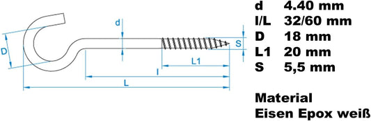 Design61 Gebogene Schraubhaken Wandhaken Weiß mit Holzgewinde Einschraubhaken für Wand Decke Haken zur Befestigung von Pflanzen Lampen (60 x 4,4 mm, 10, stück)