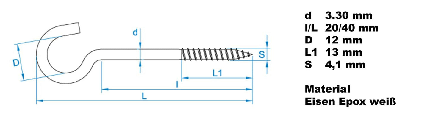 Design61 10x Gebogene Schraubhaken 40 x 3,3 mm Wandhaken Weiß mit Holzgewinde Einschraubhaken für Wand Decke Haken zur Befestigung von Seilen Ketten Pflanzen Lampen