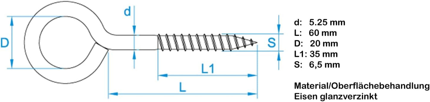 Design61 4x Ringschrauben 91x30mm Ösenschraube mit Holzgewinde Schraubhaken Wandhaken Verzinkt für Wand & Decke Haken zur Befestigung von Seilen Ketten Pflanzen Lampen