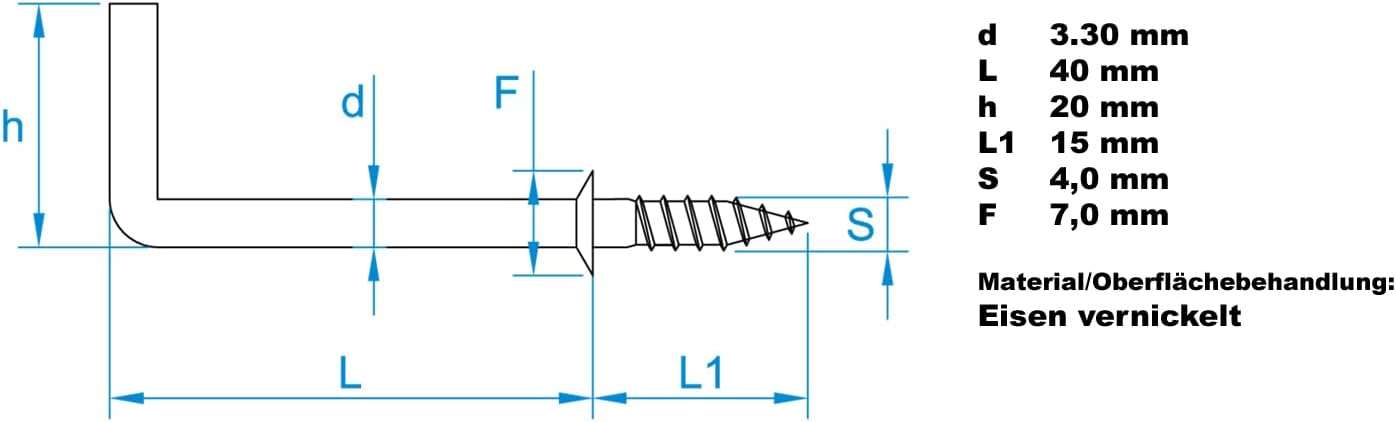 Design61 10x Schraubhaken Gerade 40 x 3,3 mm Hakenschraube mit Beffe Wandhaken Drehhaken mit Gewinde Haken zum Einschrauben für Wand & Decke vernickelt Befestigung für Seile Ketten Lampen Pflanzen