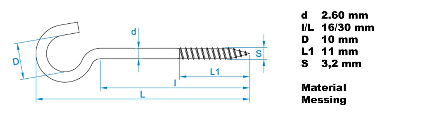 Design61 10x Gebogene Schraubhaken 30 x 2,6 mm Wandhaken Messing mit Holzgewinde Einschraubhaken für Wand Decke Haken zur Befestigung von Seilen Ketten Pflanzen Lampen