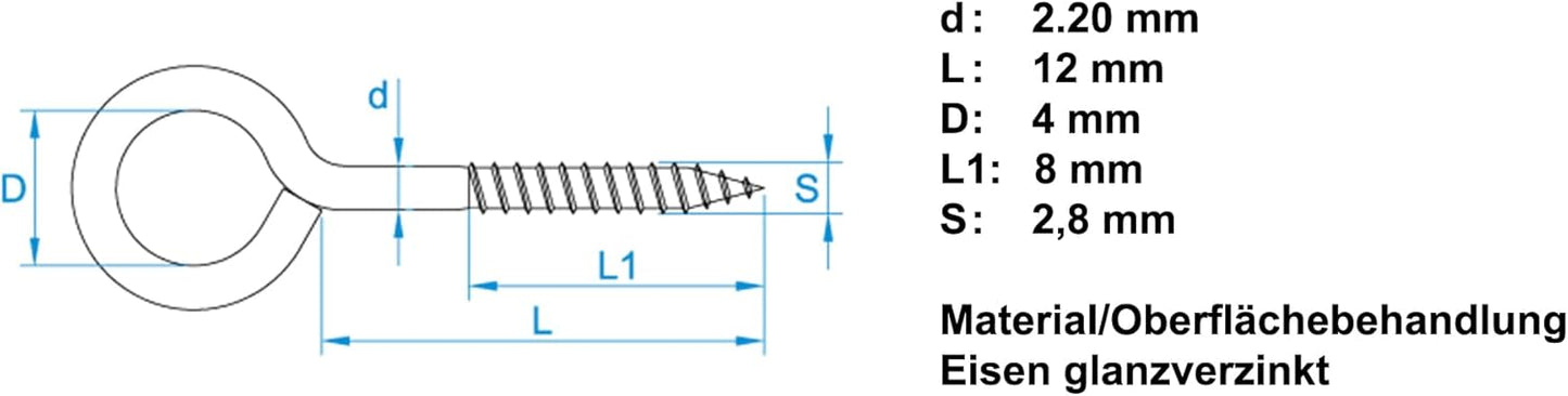 Design61 10x Ringschrauben Ösenschraube mit Holzgewinde Schraubhaken Wandhaken Verzinkt für Wand & Decke Haken zur Befestigung von Seilen Ketten Pflanzen Lampen (19 x 4 mm, 10, stück)