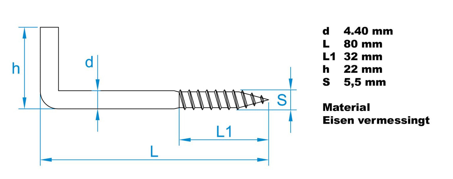 Design61 Schlitzhaken Gerade Schraubhaken Konsolhaken Stahlhaken Wandhaken mit Gewinde Einschraubhaken für Wand & Decke Haken zur Befestigung von Ketten Lampen Vermessingt (80 x 4,4 mm, 10, stück)