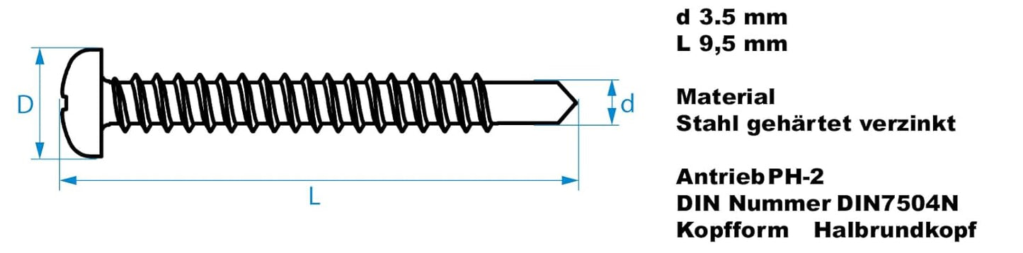 Design61 Selbstbohrende Schrauben Halbrundkopf PH2 Kreuzschlitz Stahl Gehärtet Verzinkt Rostbeständig für Holz und Metallbau Selbstschneidende Schrauben (3,5 x 9,5 mm, 200, stück)