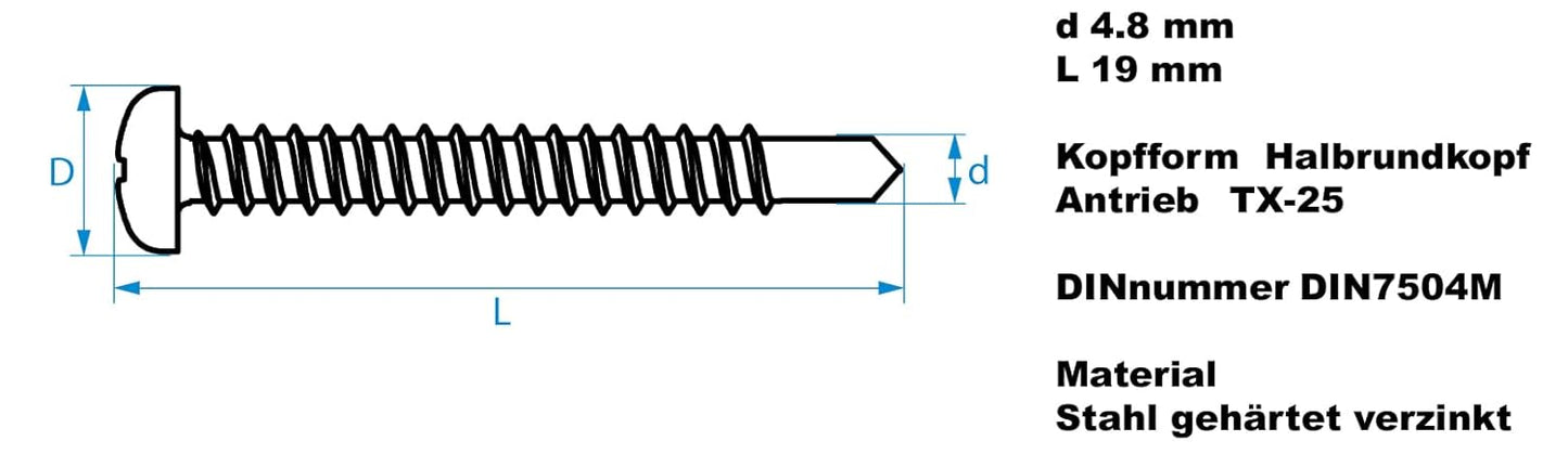 Design61 200 Stück Selbstbohrende Schrauben Halbrundkopf TX-25 Stahl Gehärtet Verzinkt Rostbeständig für Holz und Metallbau Selbstschneidende Schrauben (4,8 x 19 mm, 200, stück)