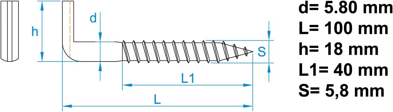 Design61 10x Schlitzhaken Gerade Schraubhaken Konsolhaken Stahlhaken Wandhaken mit Gewinde Einschraubhaken für Wand & Decke Haken zur Befestigung von Seilen Ketten Lampen (100 x 5.80 mm, 10, stück)