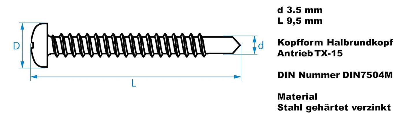 Design61 Selbstbohrende Schrauben Halbrundkopf Stahl Gehärtet Verzinkt Rostbeständig für Holz und Metallbau Selbstschneidende TX-15 Schrauben (3,5 x 9,5 mm, 200, stück)