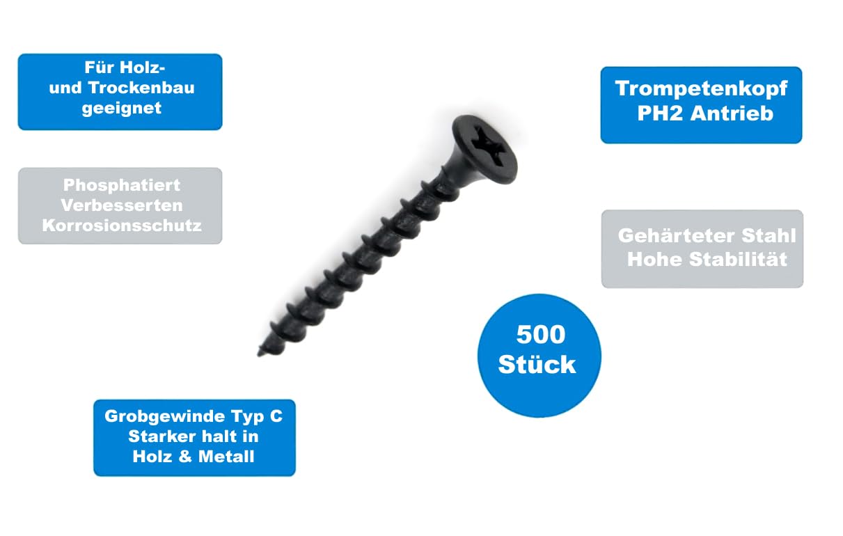 Design61 Schnellbauschrauben Grobgewinde Trockenbauschrauben Gipskartonschraube Rigipsschrauben Trockenwandschrauben Stahl Gehärtet Phosphatiert Schwarz (3,9 x 35 mm, 500, stück)