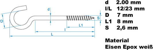 Design61 Gebogene Schraubhaken Wandhaken Weiß mit Holzgewinde Einschraubhaken für Wand Decke Haken zur Befestigung von Seilen Ketten Pflanzen Lampen (23 x 2 mm, 10, stück)