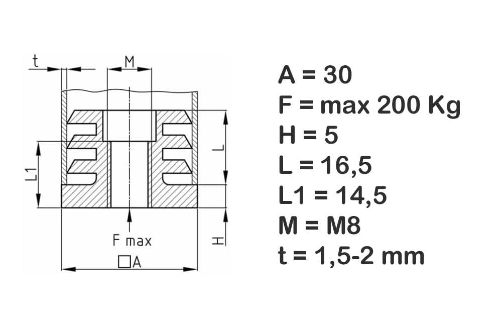 Design61 8x Gewindestopfen Justierstopfen Fußkappen Einsteckbuchse für Quadratrohre 30x30 mm 1,5-2 mm mit M8 Innengewinde Traglast bis 200Kg für Wandstärke 1,5-2 mm