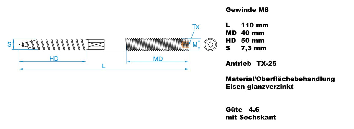 Stockschraube mit Sechskant Doppelgewindeschraube Schraubstifte mit Holzgewinde & Metrischem Gewinde TX25 Verbindungsschraube (M8 x 110 mm, 10, stück)