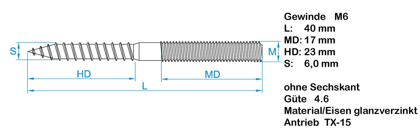 Design61 10x Stockschraube M6 x 40 mm Doppelgewindeschraube Schraubstifte mit Holzgewinde & Metrischem Gewinde TX15 Stahl Verzinkt Verbindungsschraube für Holz Metall Dübelmontage
