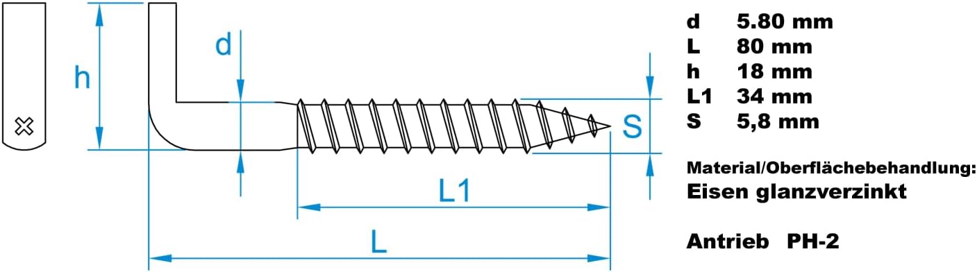Design61 4x Schraubhaken mit Kreuzschlitzhaken Holzgewinde Wandhaken Einschraubhaken zum Schrauben für Wand Decke Haken zur Befestigung von Seilen Ketten Pflanzen Lampen (80 x 5,80 mm, 4, stück)