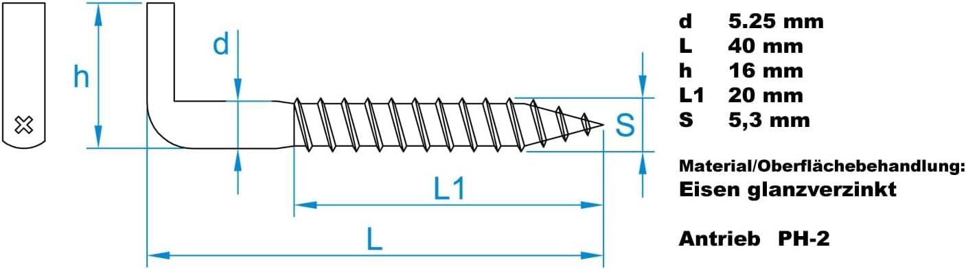 Design61 4x Schraubhaken mit Kreuzschlitzhaken Holzgewinde Wandhaken Einschraubhaken zum Schrauben für Wand Decke Haken zur Befestigung von Seilen Ketten Pflanzen Lampen (40 x 5,25 mm, 4, stück)