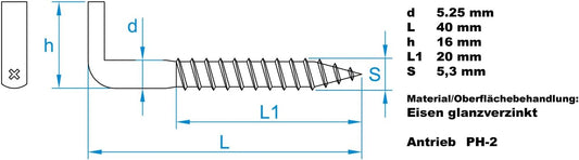 Design61 4x Schraubhaken mit Kreuzschlitzhaken Holzgewinde Wandhaken Einschraubhaken zum Schrauben für Wand Decke Haken zur Befestigung von Seilen Ketten Pflanzen Lampen (40 x 5,25 mm, 4, stück)