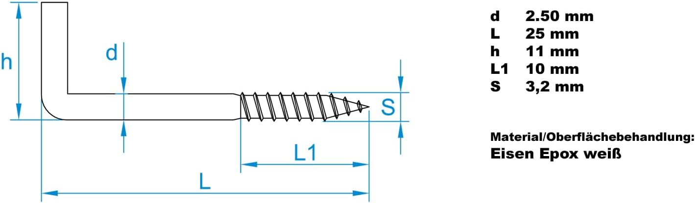 Design61 Schraubhaken Weiß Gerade Hakenschraube Wandhaken Drehhaken mit Gewinde Haken zum Einschrauben für Wand & Decke Verzinkt Befestigung für Seile Ketten Lampen Pflanzen (25 x 2,5 mm, 10, stück)
