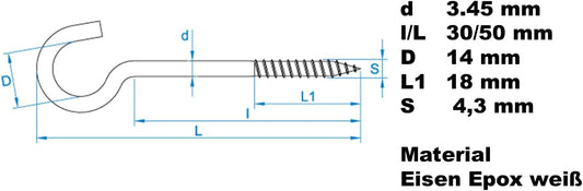 Design61 Gebogene Schraubhaken Wandhaken Weiß mit Holzgewinde Einschraubhaken für Wand Decke Haken zur Befestigung von Seilen Ketten Pflanzen Lampen (50 x 3,45 mm, 10, stück)