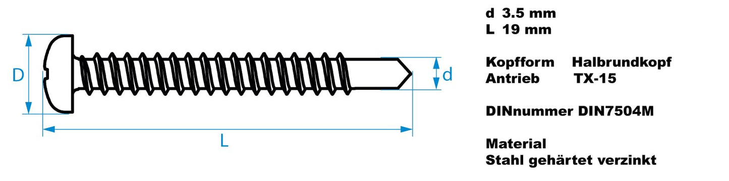 Design61 Selbstbohrende Schrauben Halbrundkopf Stahl Gehärtet Verzinkt Rostbeständig für Holz und Metallbau Selbstschneidende TX-15 Schrauben (3,5 x 19 mm, 200, stück)