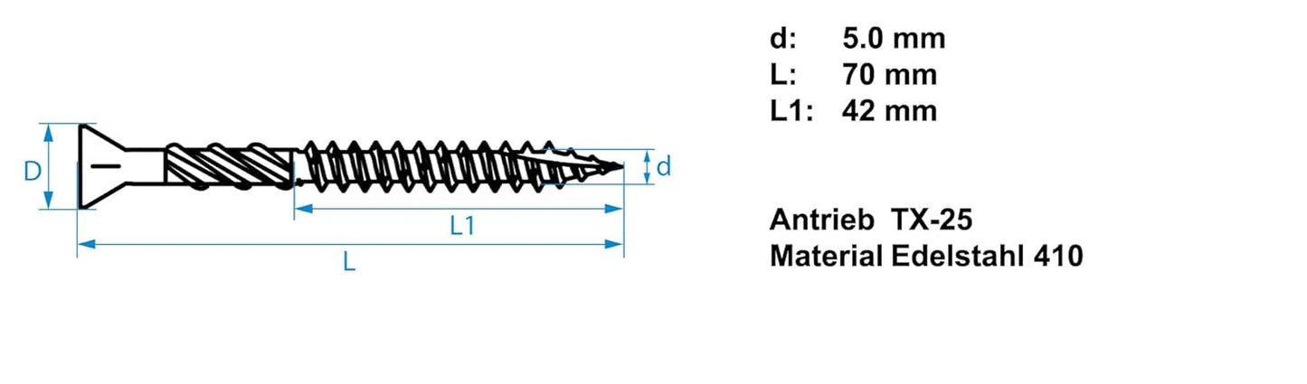 Design61 Terrassenschrauben 5x70 mm Edelstahl TX25 Edelstahlschrauben Holz Dielenschraube Rostfrei mit Cutspitze Reibteil Fräsrippen Ideal für Terrassendielen & Außenbau 200 Stück