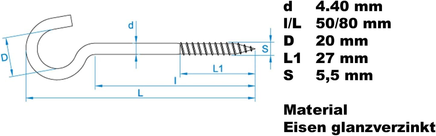 Design61 Wandhaken Verzinkt mit Holzgewinde Einschraubhaken für Wand Decke Haken zur Befestigung von Seilen Ketten Pflanzen Lampen (80 x 4,4 mm, 10, stück)