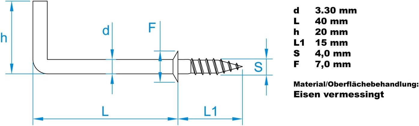 Design61 10x Schraubhaken Gerade 40 x 3,3 mm Hakenschraube mit Beffe Wandhaken Drehhaken mit Gewinde Haken zum Einschrauben für Wand & Decke Vermessingt Befestigung für Seile Ketten Lampen Pflanzen
