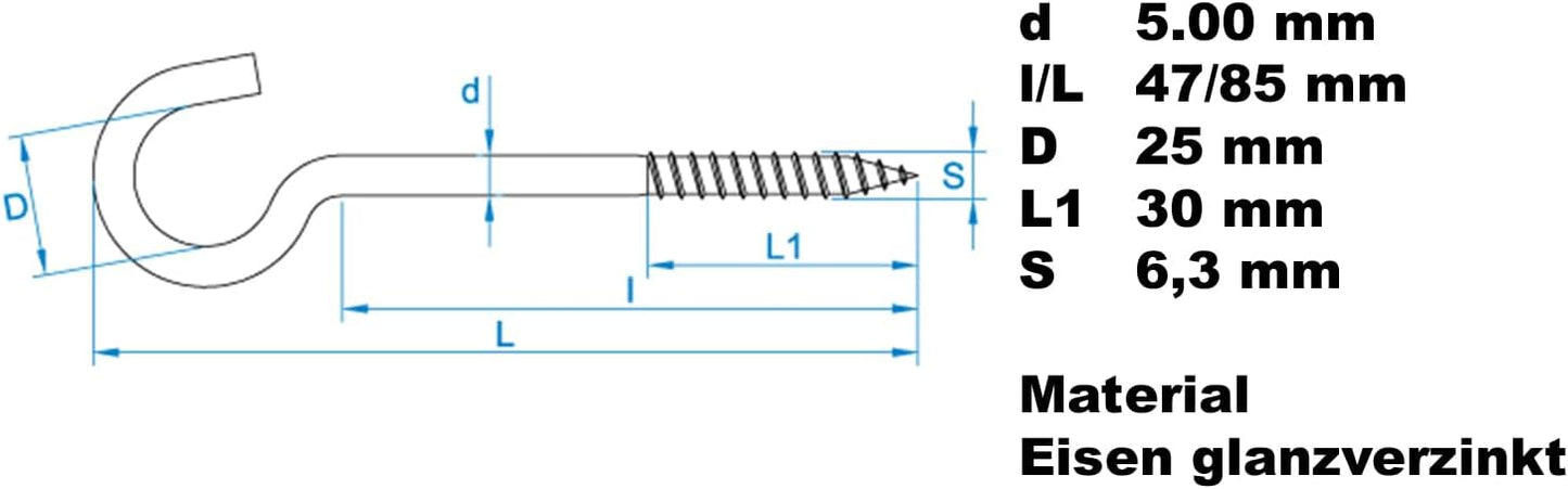 Design61 Wandhaken Verzinkt mit Holzgewinde Einschraubhaken für Wand Decke Haken zur Befestigung von Seilen Ketten Pflanzen Lampen (85 x 5 mm, 10, stück)