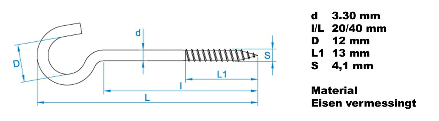 Design61 Gebogene Schraubhaken Wandhaken Vermessingt mit Holzgewinde Einschraubhaken für Wand Decke Haken zur Befestigung von Seilen Ketten Pflanzen Lampen (40 x 3,3 mm, 10, stück)
