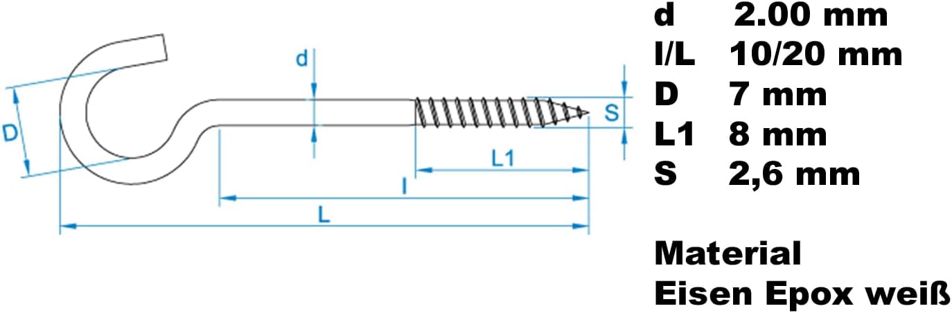 Design61 Gebogene Schraubhaken Wandhaken Weiß mit Holzgewinde Einschraubhaken für Wand Decke Haken zur Befestigung von Seilen Ketten Pflanzen Lampen (20 x 2 mm, 10, stück)