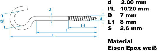 Design61 Gebogene Schraubhaken Wandhaken Weiß mit Holzgewinde Einschraubhaken für Wand Decke Haken zur Befestigung von Seilen Ketten Pflanzen Lampen (20 x 2 mm, 10, stück)