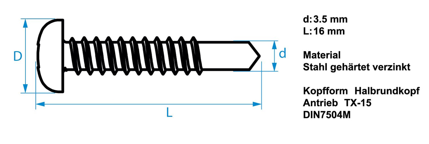 Design61 200 Stück Selbstbohrende Schrauben Halbrundkopf 3,5 x 16 mm Stahl Gehärtet Verzinkt Rostbeständig für Holz und Metallbau Selbstschneidende TX-15 Schrauben