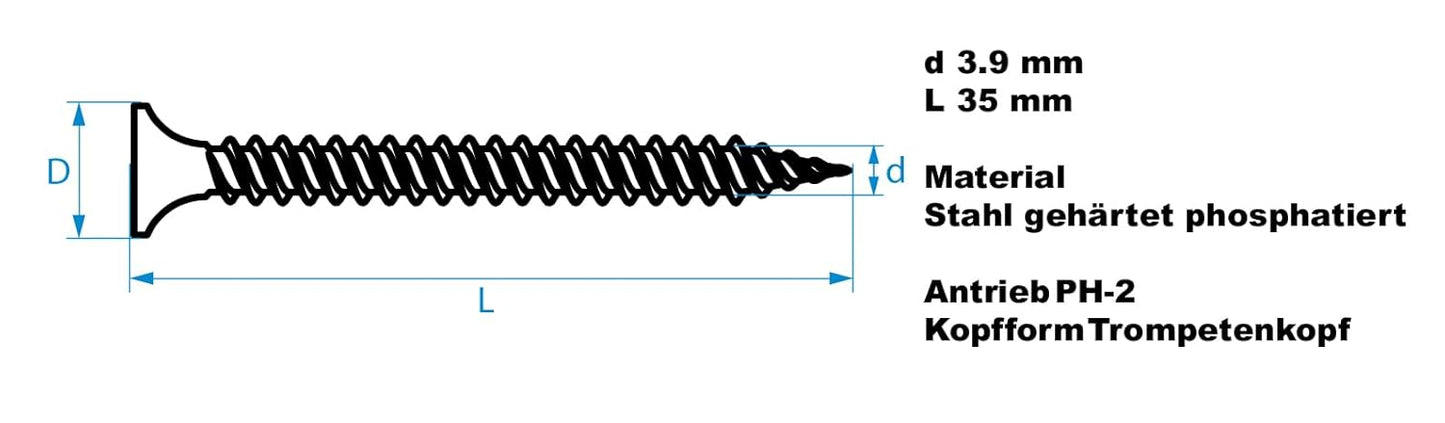 Design61 Schnellbauschrauben Grobgewinde Trockenbauschrauben Gipskartonschraube Rigipsschrauben Trockenwandschrauben Stahl Gehärtet Phosphatiert Schwarz (3,9 x 35 mm, 500, stück)