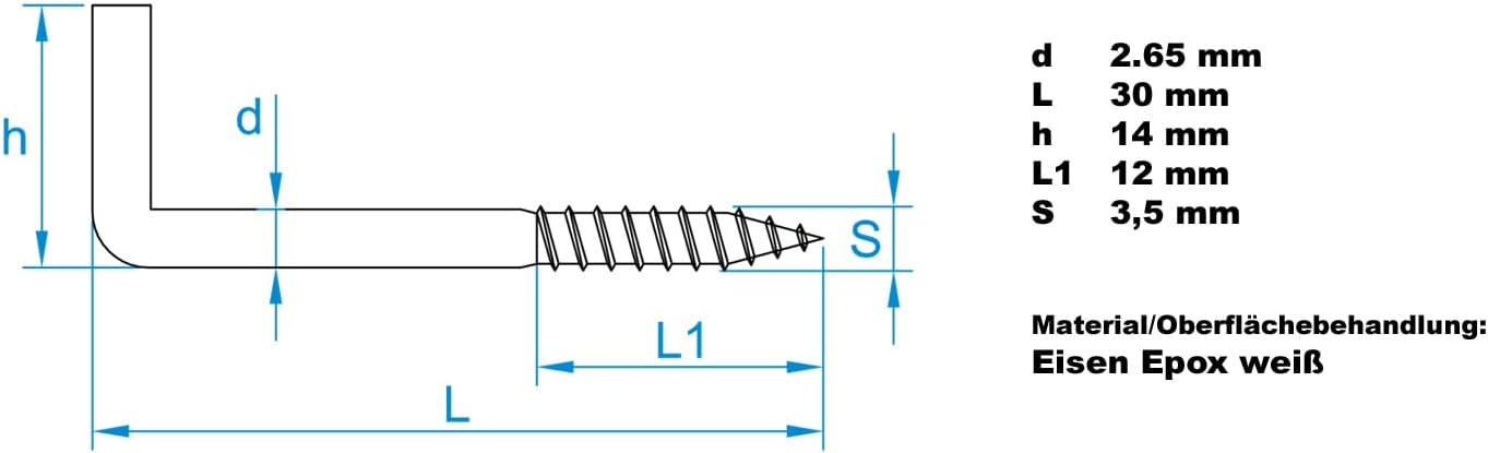 Design61 Schraubhaken Weiß Gerade Hakenschraube Wandhaken Drehhaken mit Gewinde Haken zum Einschrauben für Wand & Decke Verzinkt Befestigung für Seile Ketten Lampen Pflanzen (30 x 2,65 mm, 10, stück)